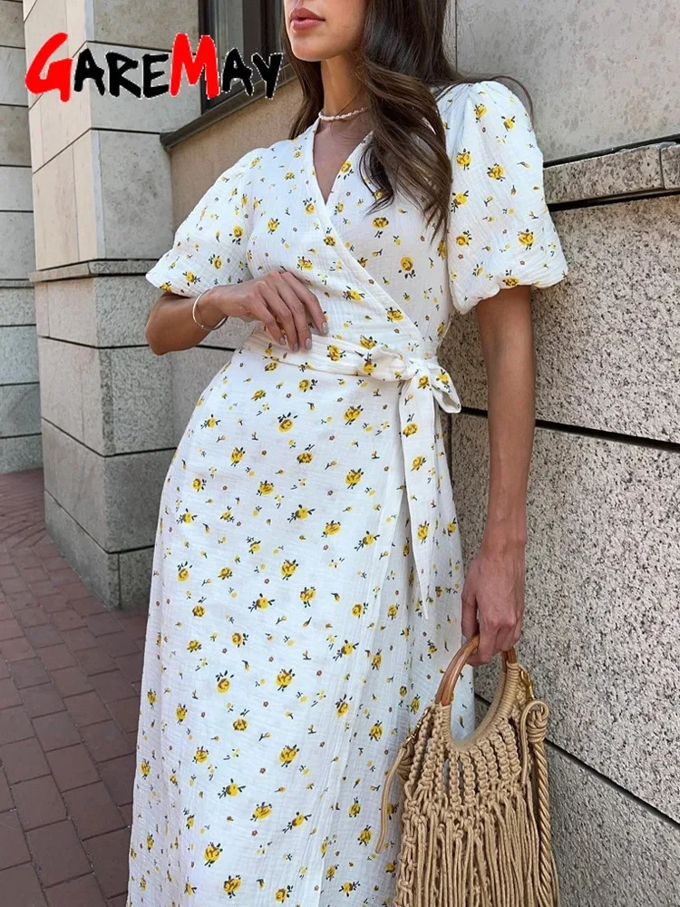 Casual Womens Summer Dresses 100% Cotton Floral Print A-line Midi Dress with Side Slits Long Elegant White Dress for Women 250617