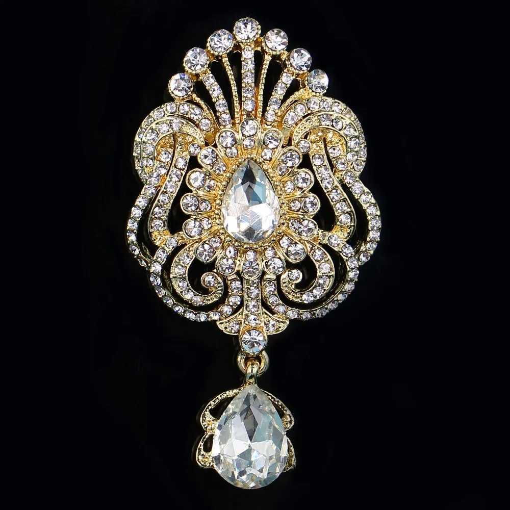 DIEZI Luxury Gold Silver Color Crystal Flower Bridal Brooches for Wedding Women Party Rhinestone Bouquet Water Drop Brooch pins Z250619