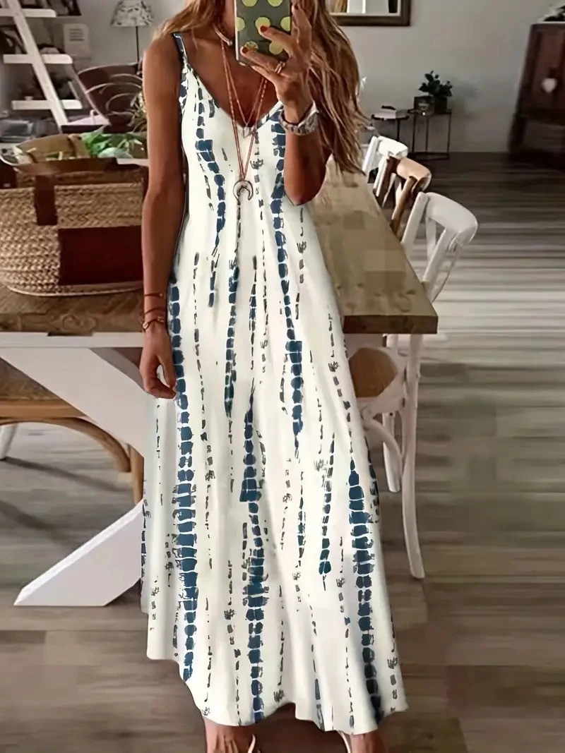 Womens Casual Loose V-neck Tie Dye Printed Spaghetti Maxi Dress Summer Beach Vacation Long Dress 250618