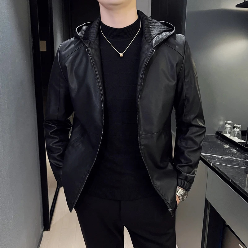 Male Business Office Hooded Party Pu Blazer Spring Autumn Fashion Jacket Outerwear Men High Quality Slim Fit Casual Leather Coat 250616