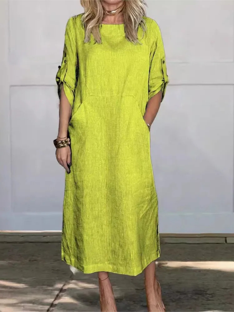 Womens Clothing Summer Loose Casual Solid Color Short Sleeved Cotton Linen Fashionable Button With Pocket Dress 250614
