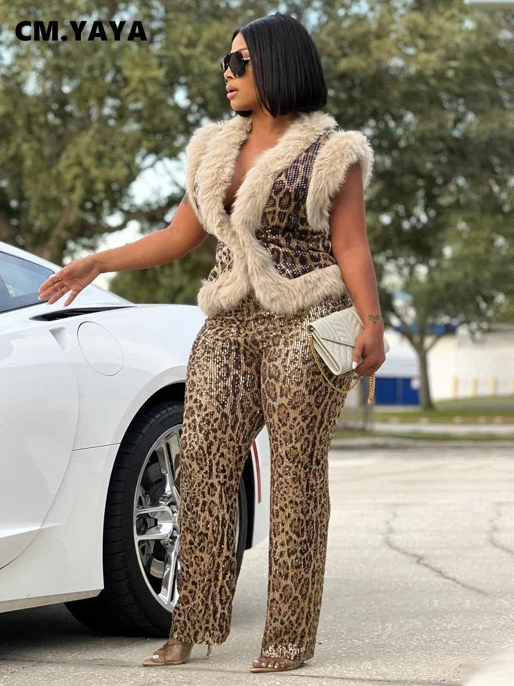 CMYAYA Womens Set Sleeveless Fur Leopard Sequined Vneck Wool Vest and Pant Suits 2024 Street Two 2 Piece Set Outfit Tracksuit 250609
