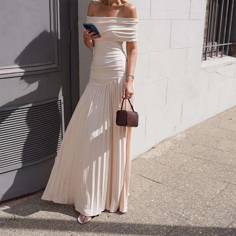 Women's Fashion Summer New Off-Shoulder Elegant Sexy Slim Pleated Tube Dress B5