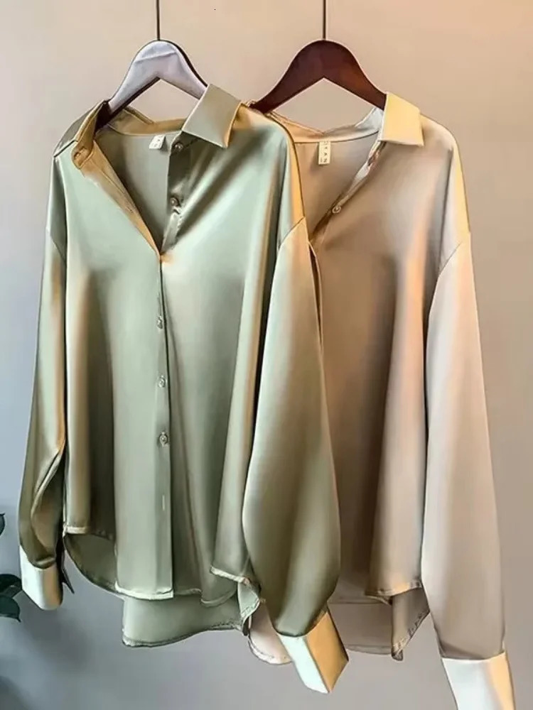 Elegant Satin Loose Women Shirt Spring Turn-down Collar Ladies Blouse Autumn Vintage Casual Button Silk Tops 250619