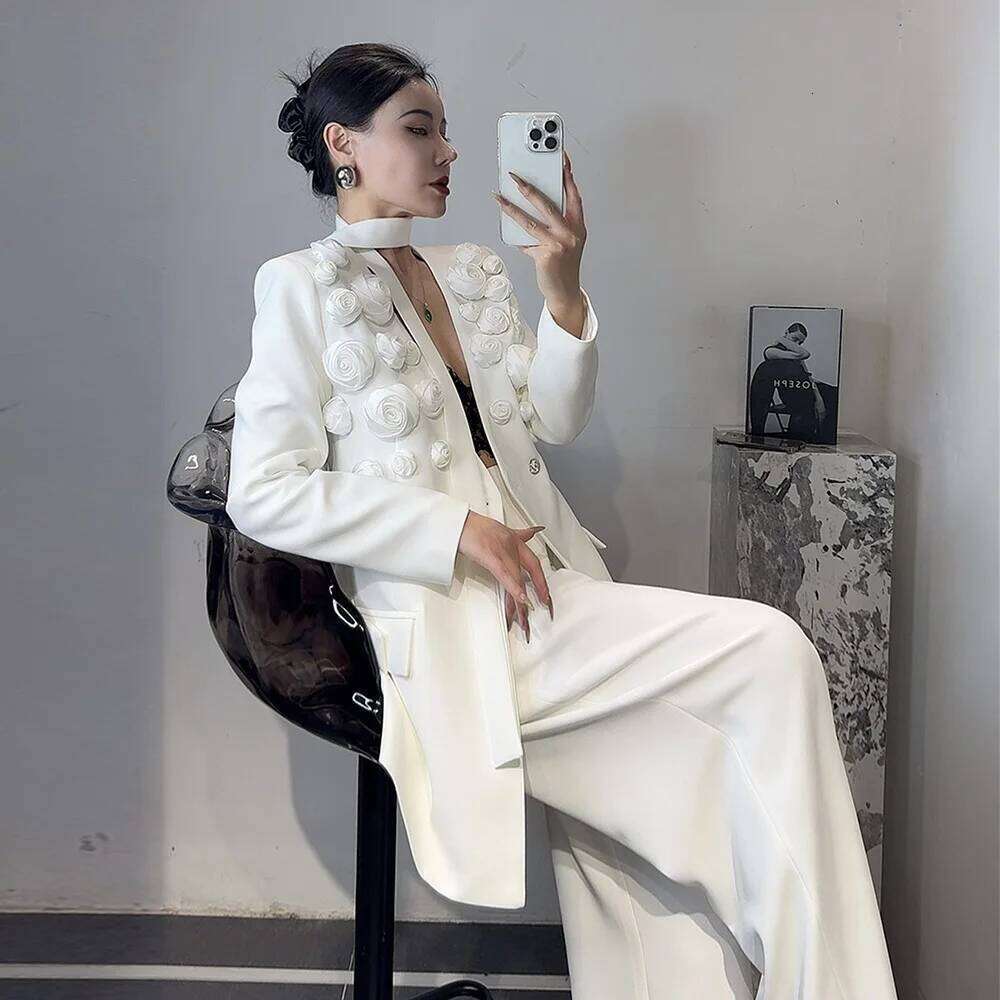 Designer Clothing 2025 Solid Two Piece Set For Women Lapel Long Sleeve Spliced Appliques Coat High Waist Wide Leg Pant Chic Sets Female