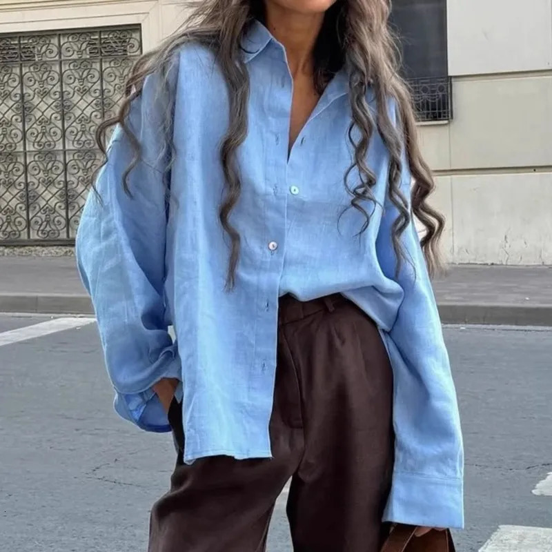 Summer Shirts Womens Fashion Loose Office Women Blouse Elegant Lapel Long Sleeves Shirt Casual Woman Classic Solid Top Female 250616