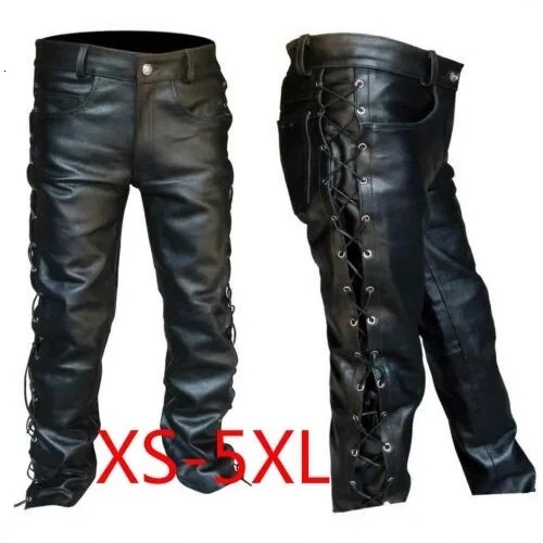 Mens Black Thick Leather Side Laces Up Jeans Style Long Pant Motorcycle Trousers Pants 250614