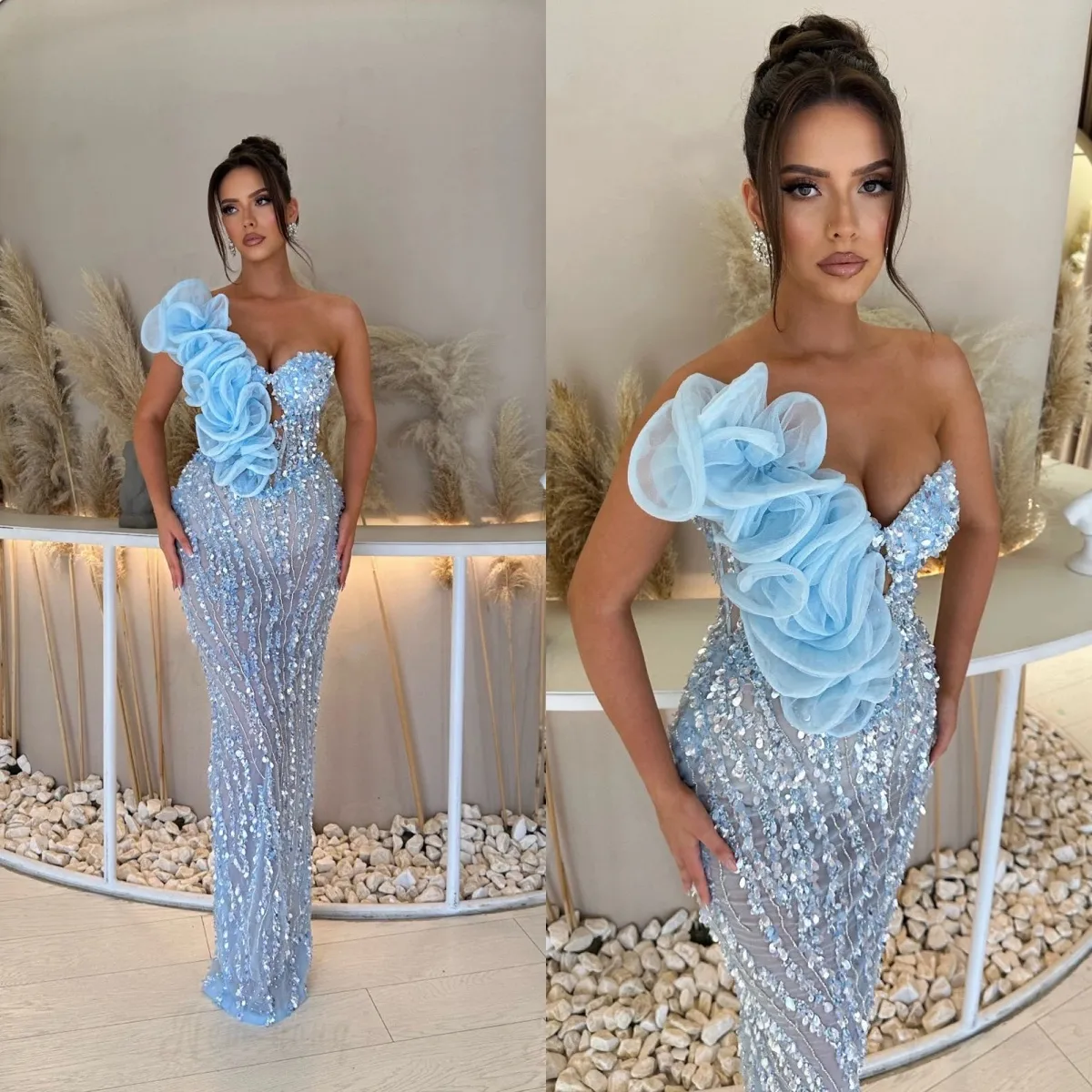 Sexy See Through Sequins Evening Dresses Mermaid Strapless Prom Gowns Sleeveless Illusion Ruffle Party Dress Customized