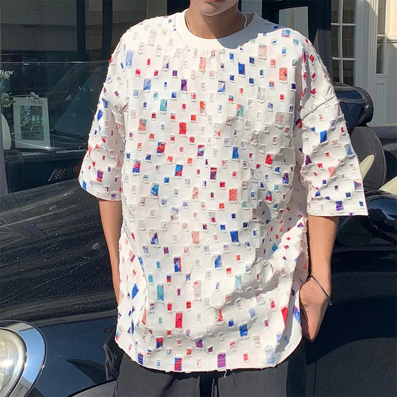 Summer Cotton Short Sleeved T-shirt Men Fashion Colorful Plaid Tshirt Men Streetwear Hip-hop Loose Hollow Out T Shirt Mens Tops 250617