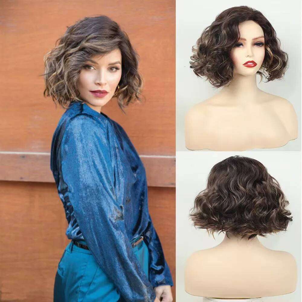 New European and American brown balayage fashion short curly wig with voluminous headpiece