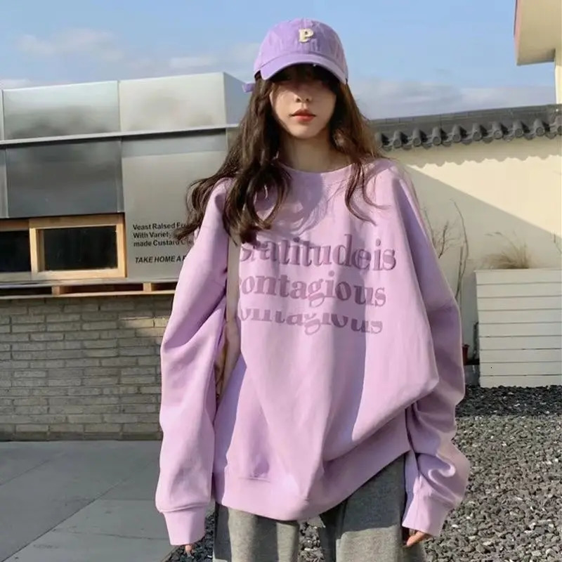 Oversize Round Neck Womens Hoodie Purple Spring and Autumn Thin Loose Long Sleeved Top Plus Size Jacket 250616