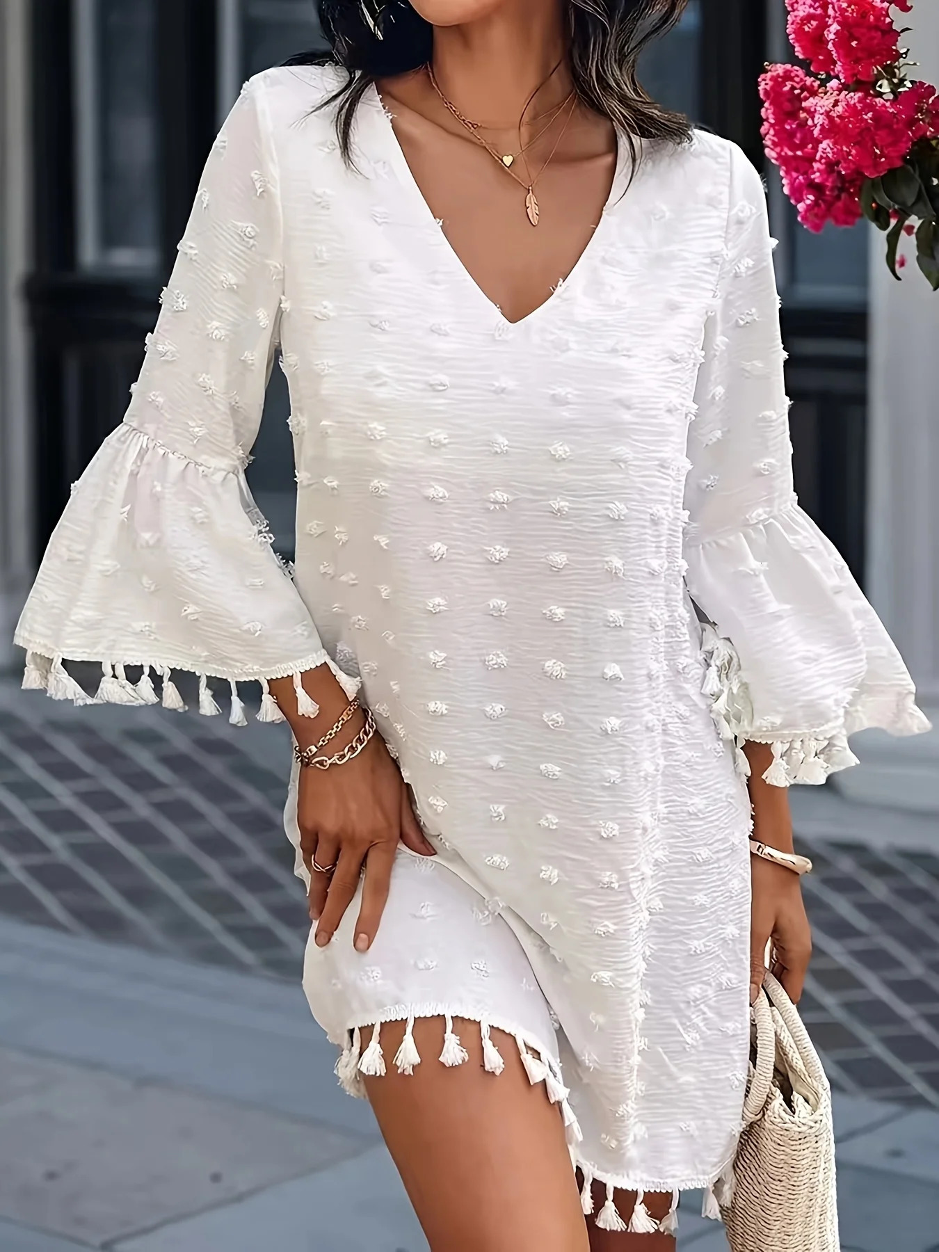 Plus size European code cross-border spring and summer solid color simple V-neck mid-sleeve loose tassel jumpsuit250616