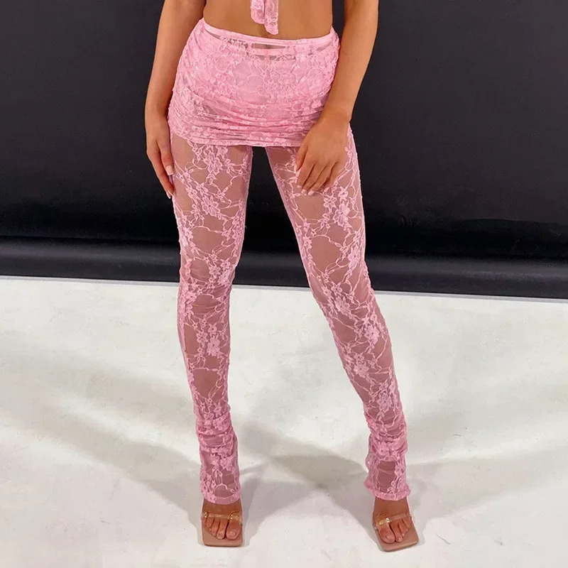 Pink Sexy Hollow Out See Through Lace Flower Leggings Women Skirt Pants Summer Spring Fashion High Waisted Y2K Pantalones 250614