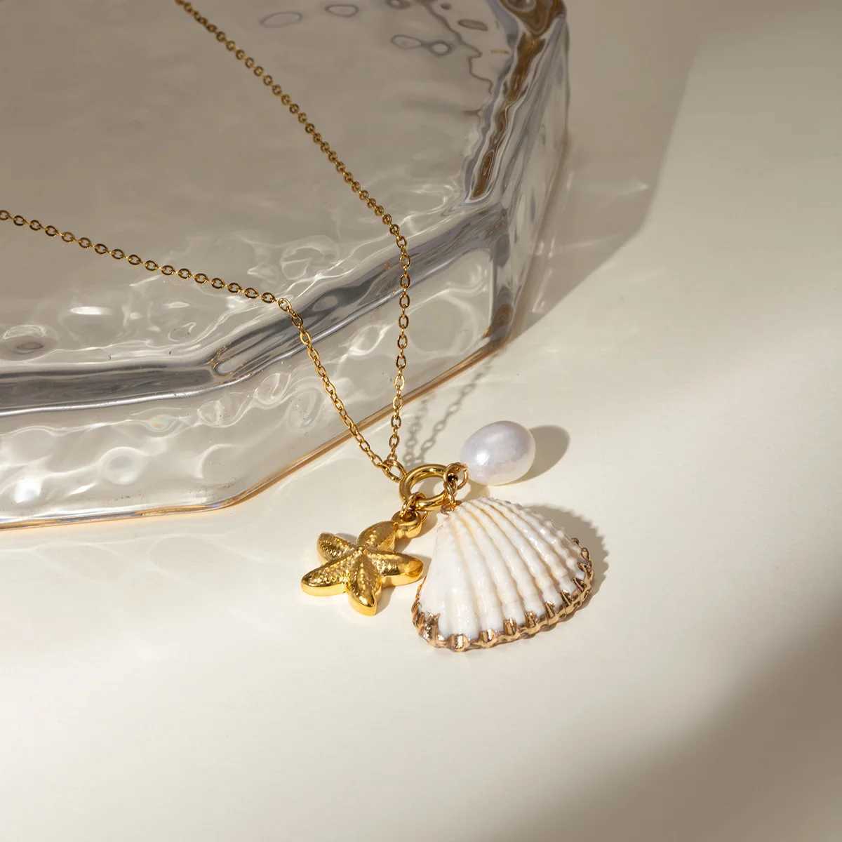 Stainless Steel Starfish Shell Texture Pendant Shell Bead Necklace Women Waterproof Jewelry Summer Holiday Gift free ship W250620