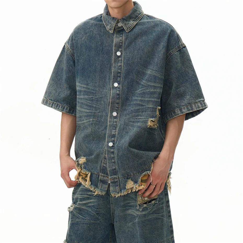 Ripped Hole Denim Sets Streetwear Hip Hop Patchwork Camouflage Jeans Shirts Men Oversized Vintage Baggy Denim Shorts Mens Blouse 250614