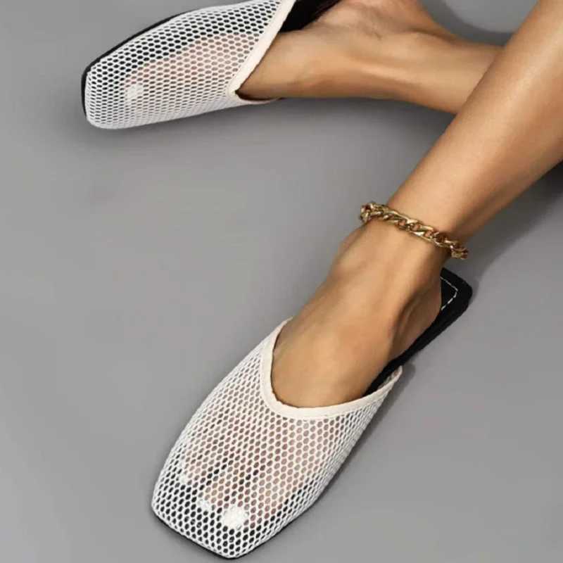 Womens Slippers New Fashion Mesh Flat Bottom Square Toe Flip Flops Hollow Casual Simple Sandals Ladies Plus Size Cloud Slippers Z250620