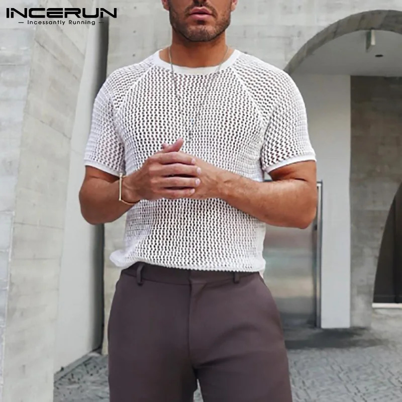 INCERUN Men T Shirt Solid Color Hollow Out See Through Sexy Short Sleeve O Neck Tee Tops Streetwear Casual Party Camisetas 250617
