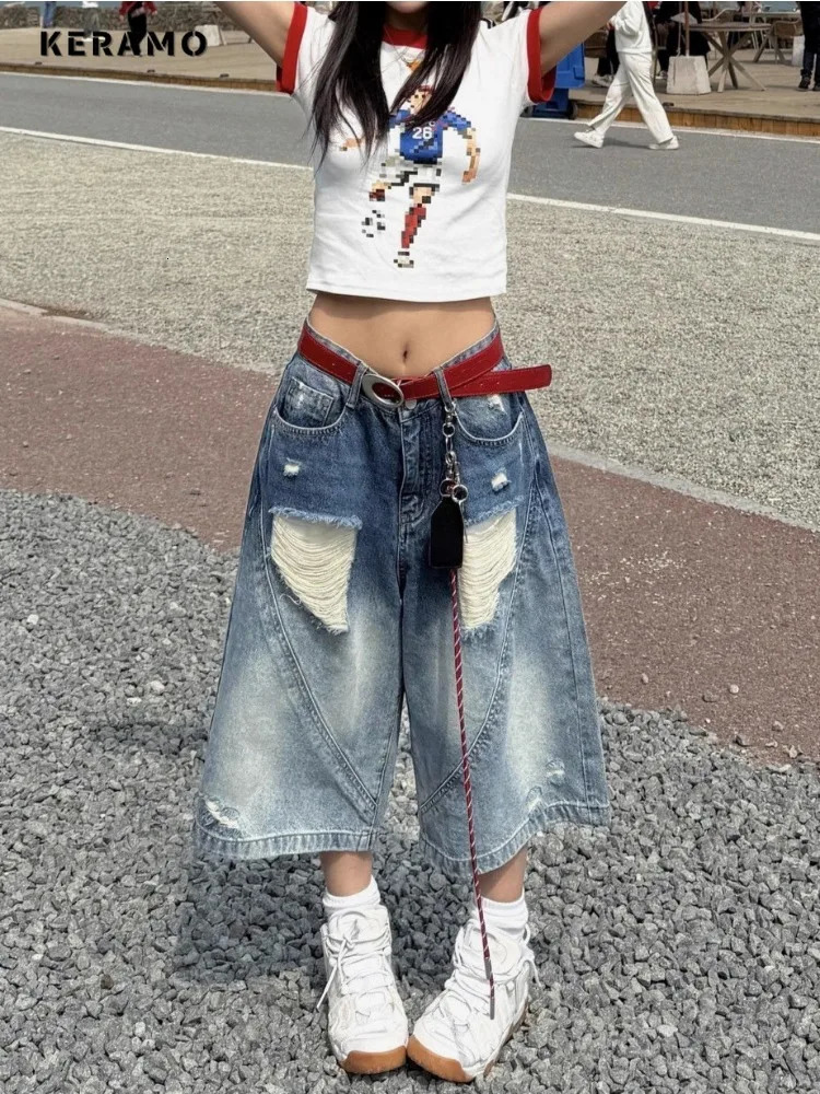 Womens Y2K Ripped Calf Length Denim Trouser Street Retro Grunge 2000s High Waist Jeans Vintage Casual Trashy Light Blue Pants 250614