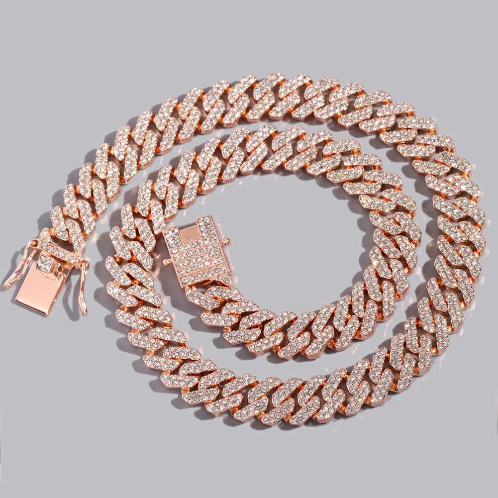 12MM Rose Gold Color Miami Cuban Link Chain Necklace with Bling Rhinestones Cuban Choker Necklace for Women and Men Hip Hop Jewelry W250620