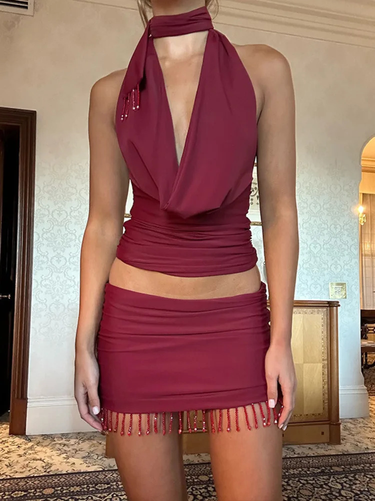 Mozision Tassel Sexy Skirt Two Piece Sets Women Halter V Neck Crop Top And Mini Skirt Backless Ruched Club Party 2 Piece Set 250616