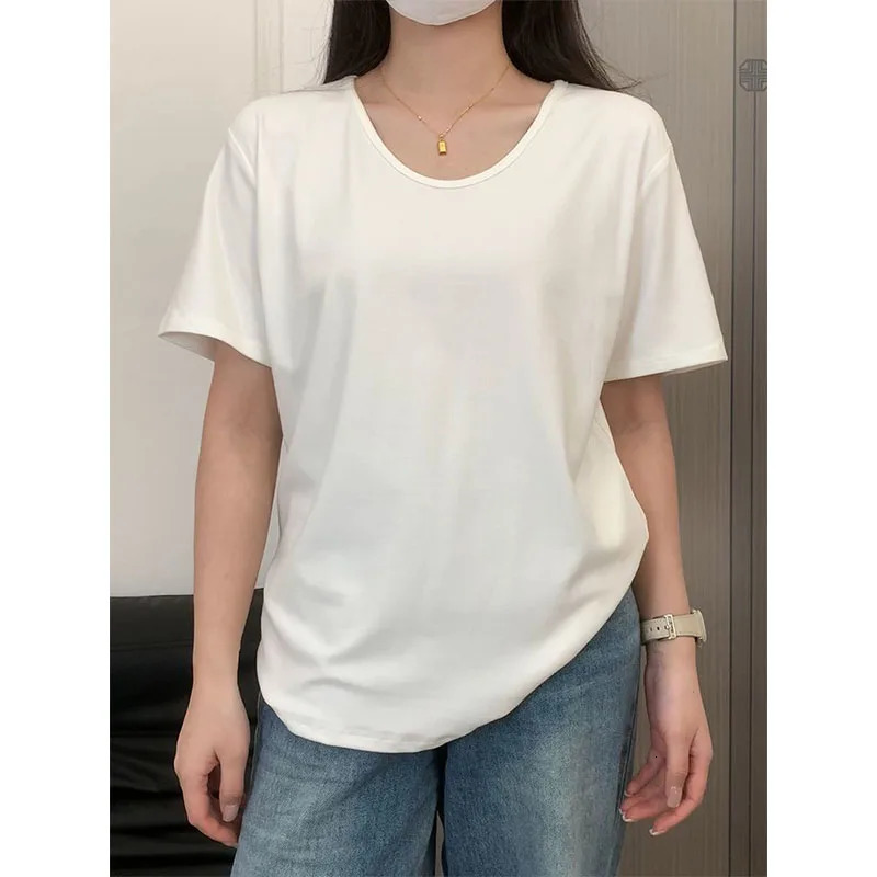 Solid Color Lazy V-neck Front Shoulder Short-sleeved T-shirt Spring and Summer Loose Slim and Versatile Base Top for Women 250616