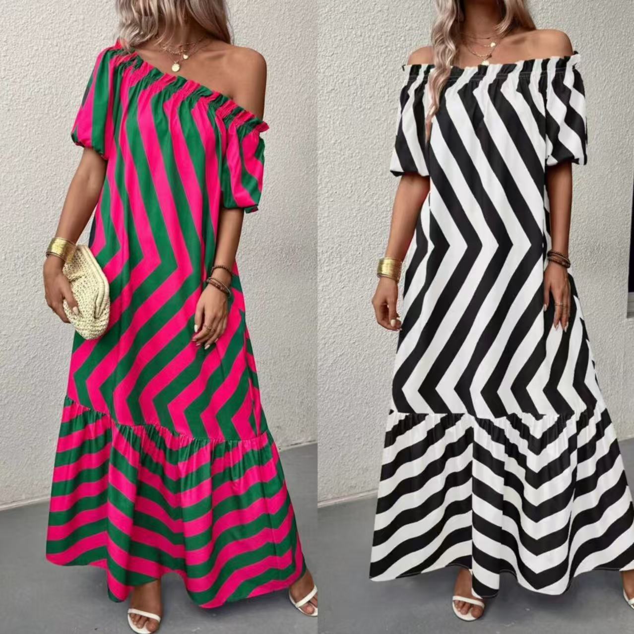 Designer Plus Size Dress2025 New European And American Style Sexy Loose Plus Size Off-shoulder Printed Bell Sleeve Women's Mid-length Dress Lon