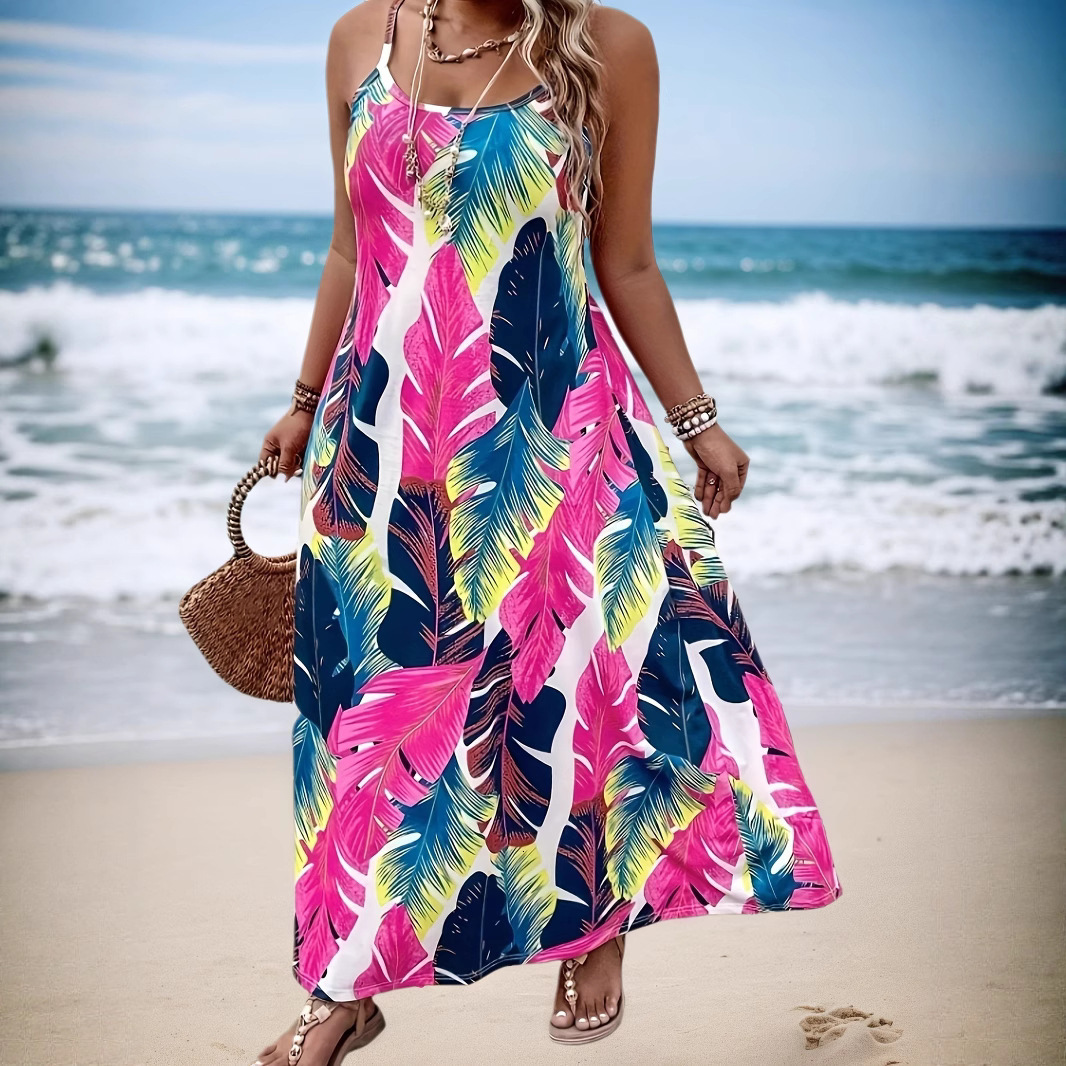 Designer plus size dressCross-border Fashion Amazon Women's Fashion Printed Casual Vacation Beach Strap Tropical Print Plus Size Dress