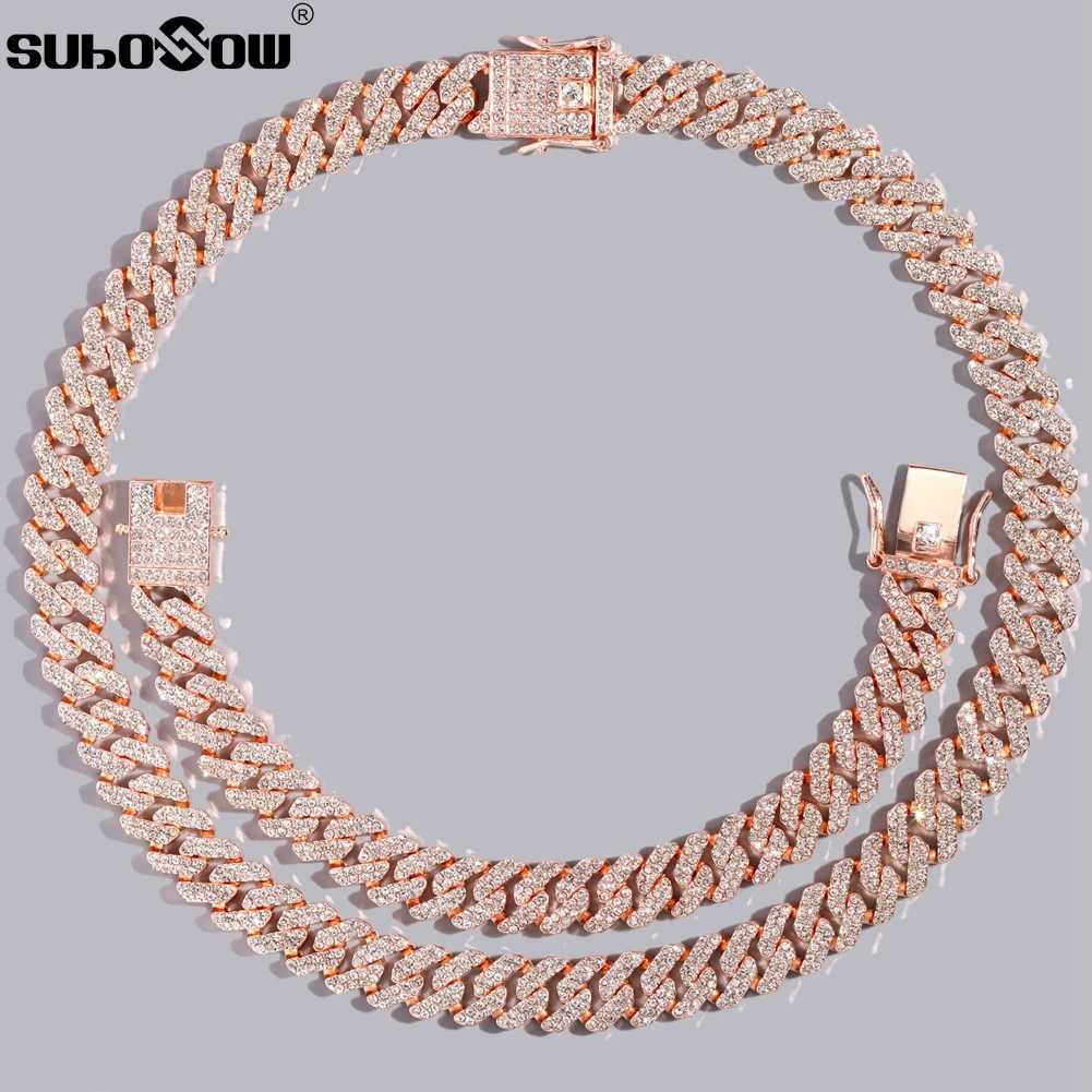 New 12 MM Bar Cuban Link Chain Mens Necklace Rose Gold Silver Color Full Rhinestones Cuban Choker Rper Hip-hop Male Jewelry W250620