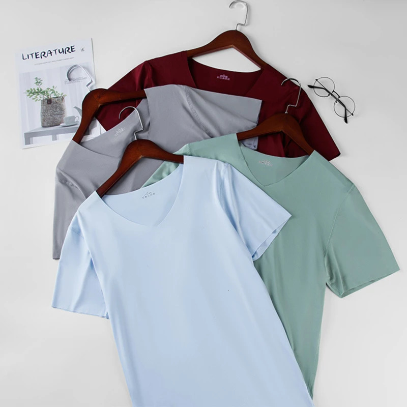 Mens Thin Short Sleeve Ice Silk Without Summer Solid Color T Shirt Trace Slim V-neck Bottoming Seamless Short Sleeve 250619