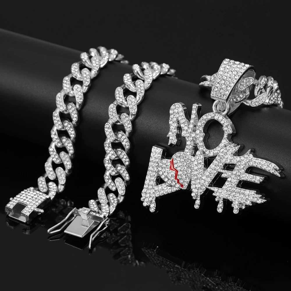 Men Women Hip Hop No Heart Letter Pendant Necklace with 13mm Cuban Chain d Out Bling Hiphop Necklaces Charm Jewelry Gift W250620