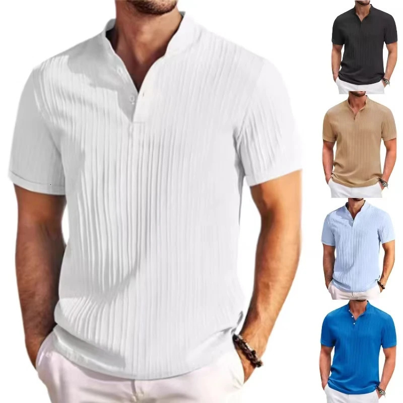 Summer Mens Cotton And Linen Striped Jacquard Shirt lapel Casual Comfortable Stylish Casual Short-Sleeved Shirt 250619
