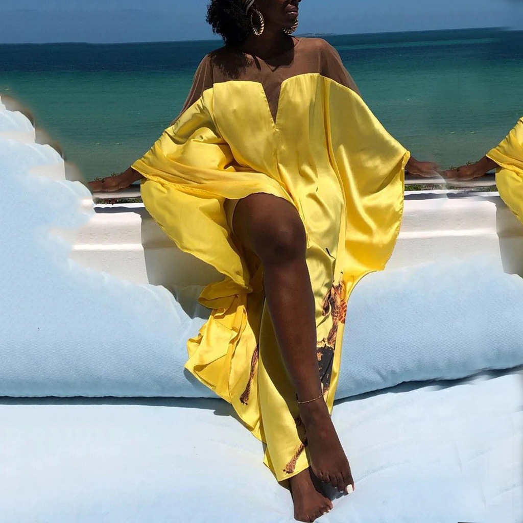 Designer Plus Size Dress2025 New Style European And American Cross-border Amazon Independent Store Plus Size Women's Yellow Fashion Digital Pri