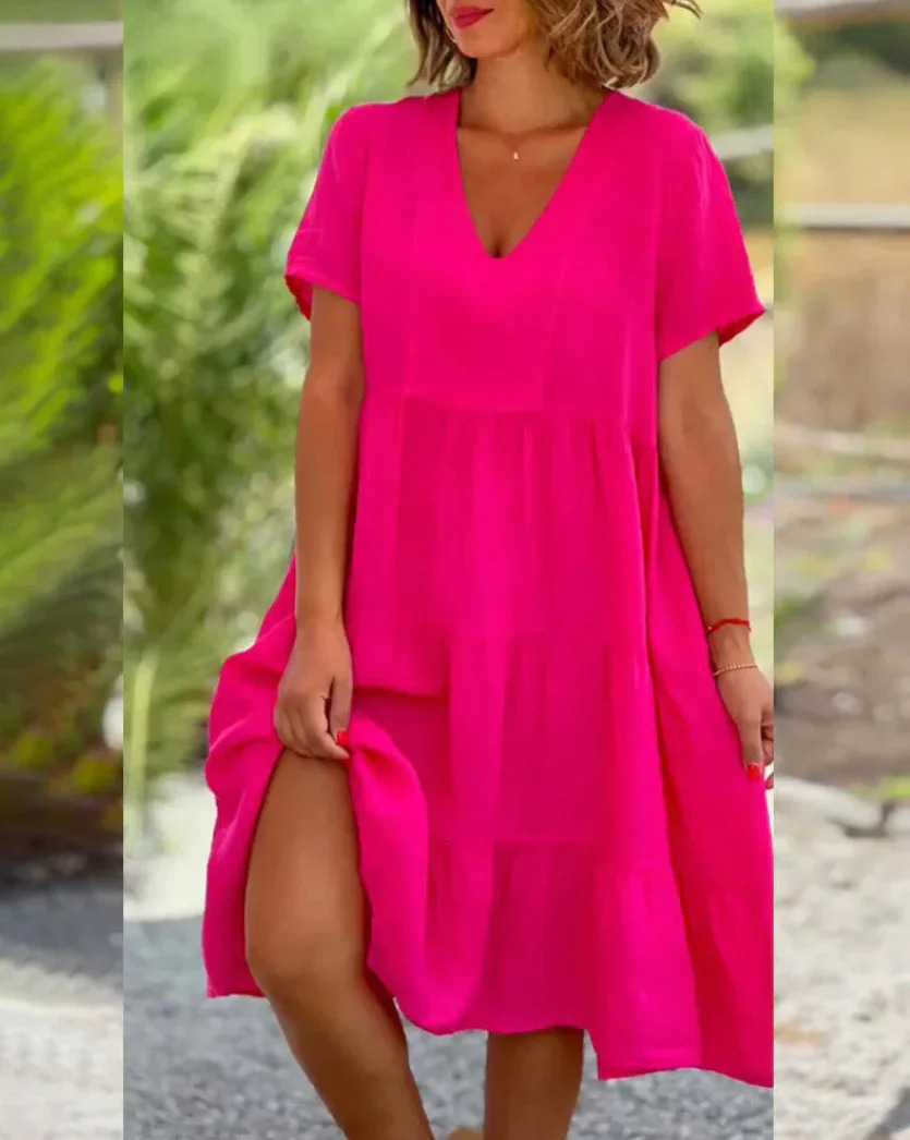 Cotton Linen Casual Womens Dresses Spring/Summer Sweet Short Sleeve Solid V-neck Large Swing Loose Dress S-5XL 250614