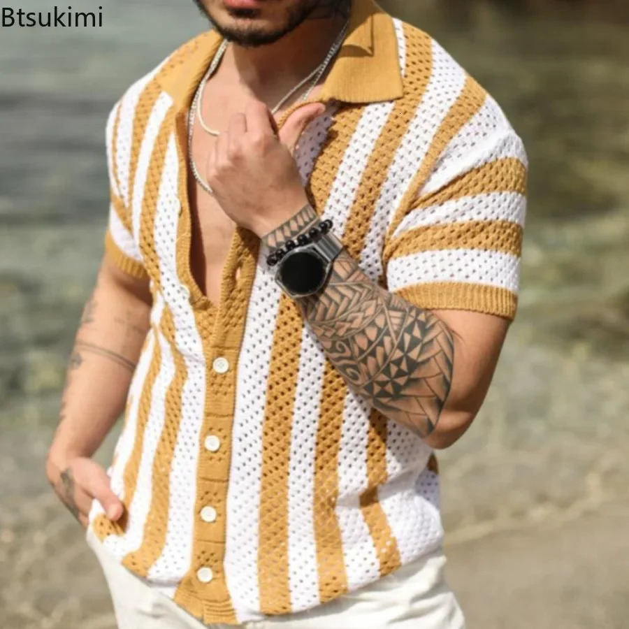 Mens Summer Striped Hollow Out Knitted Short-sleeved Polo Shirts Casual Loose Cardigan Tops Male Streetwear T-shirt 250617