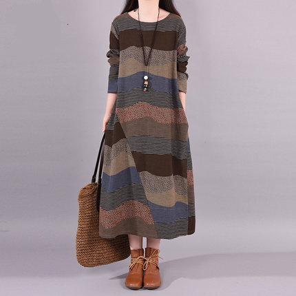 Designer Plus Size Dressspring New 2025 Literary Print Round Neck Long Sleeve Loose Cotton Linen Dress Women Floral Elegant Style
