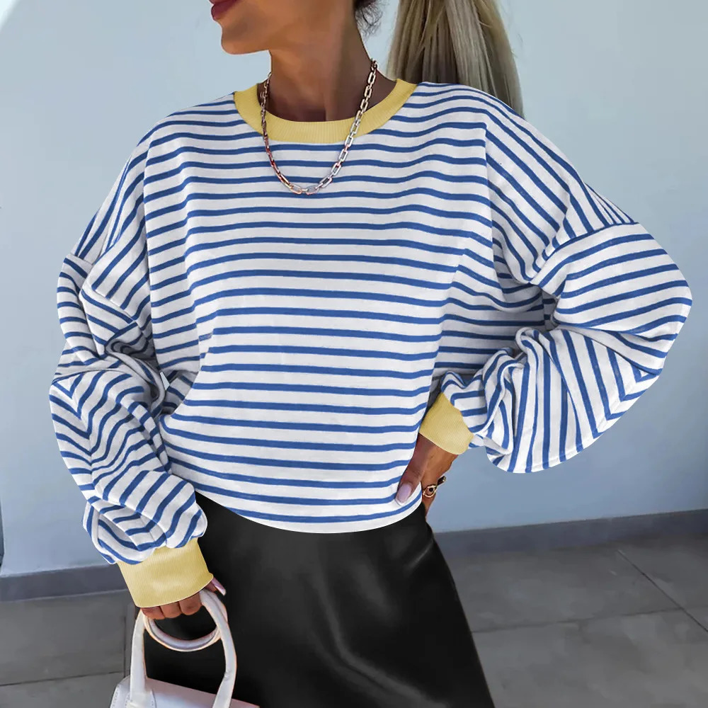 Striped Casual Sweatshirt Spring Autumn Round Neck Pullover Fashion Loose Vintage Women s Clothing Top 250616