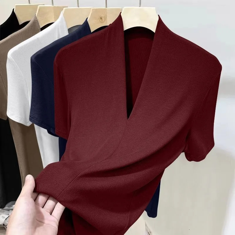 Threaded Short Sleeved Top for Women Summer Fashion Versatile Base Shirt Plus Size Slim Fit V-neck T-shirt Casual and Sexy 250619
