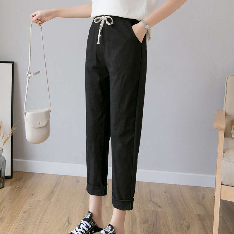 Spring Summer New Plus Size Women's Nine-Point Solid Color Harem Cotton Linen Carrot Loose Casual Pants B5