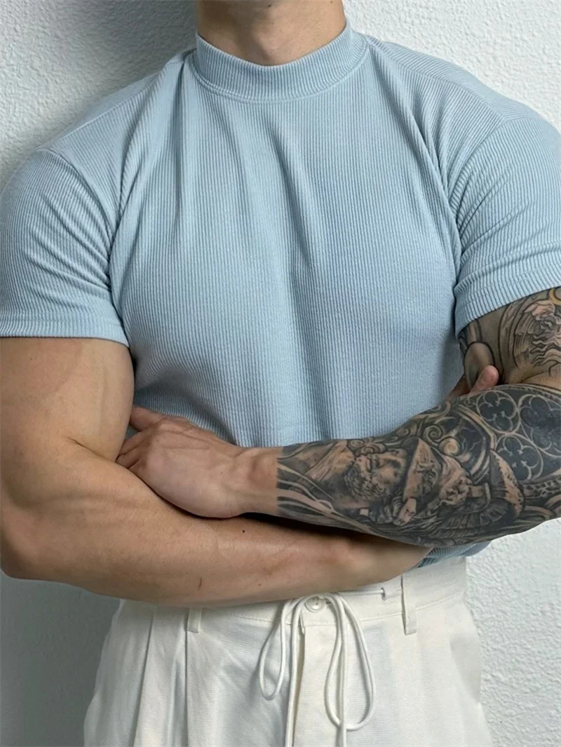 spring summer fashion Mens T-shirt Small high collar stripe shirt short sleeve fitness top leisure sport T-shirt Men sportswear 250619