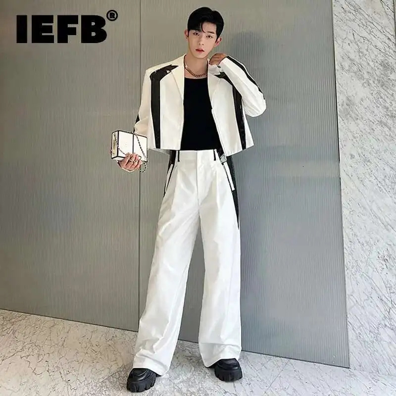 IEFB Korean Style Sets Niche Male Blazers Pu Leather Spliced Suit Coat Wide Leg Suit Pants Two Piece Menwear 9C1614 250619