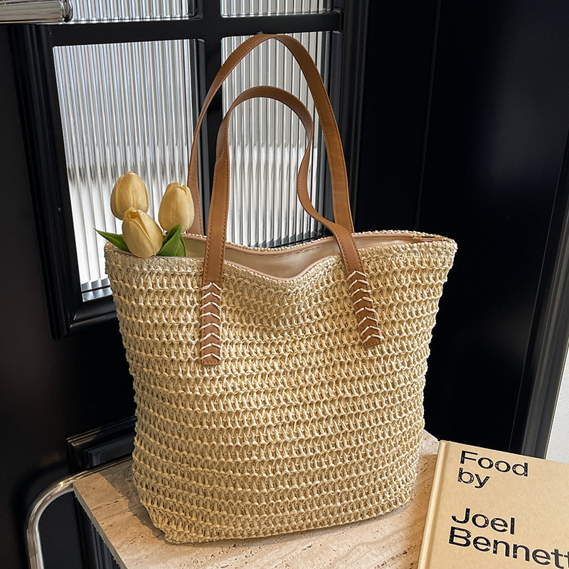 Free shipping designer New Bag Simple Solid Color Straw Woven Large Capacity Tote Beach Vacation Style Versatile Casual Shoulder Bag for Women