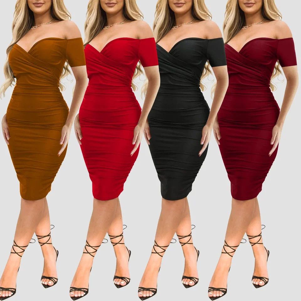 Sexy Summer Women Clothing Nightclub One-word Shoulder Short Sleeve Dress Mid-dress Tight Fit Pure Color Polypropylene Fabric 250617