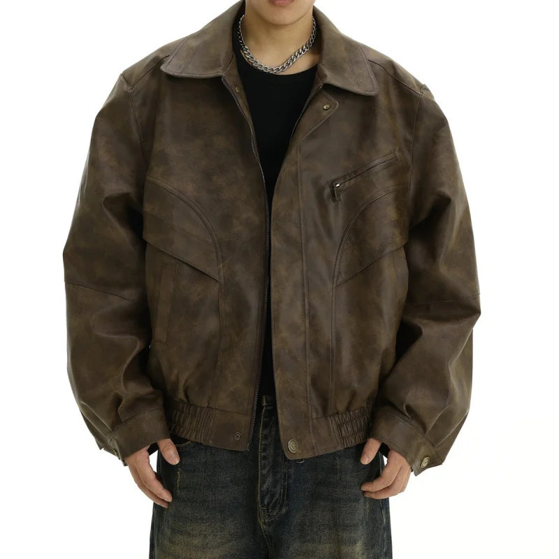 Mens Leather Jacket American style Retro Brown Make old Coat High Street fashion Casual Baggy Polo collar Jacket for men 250617