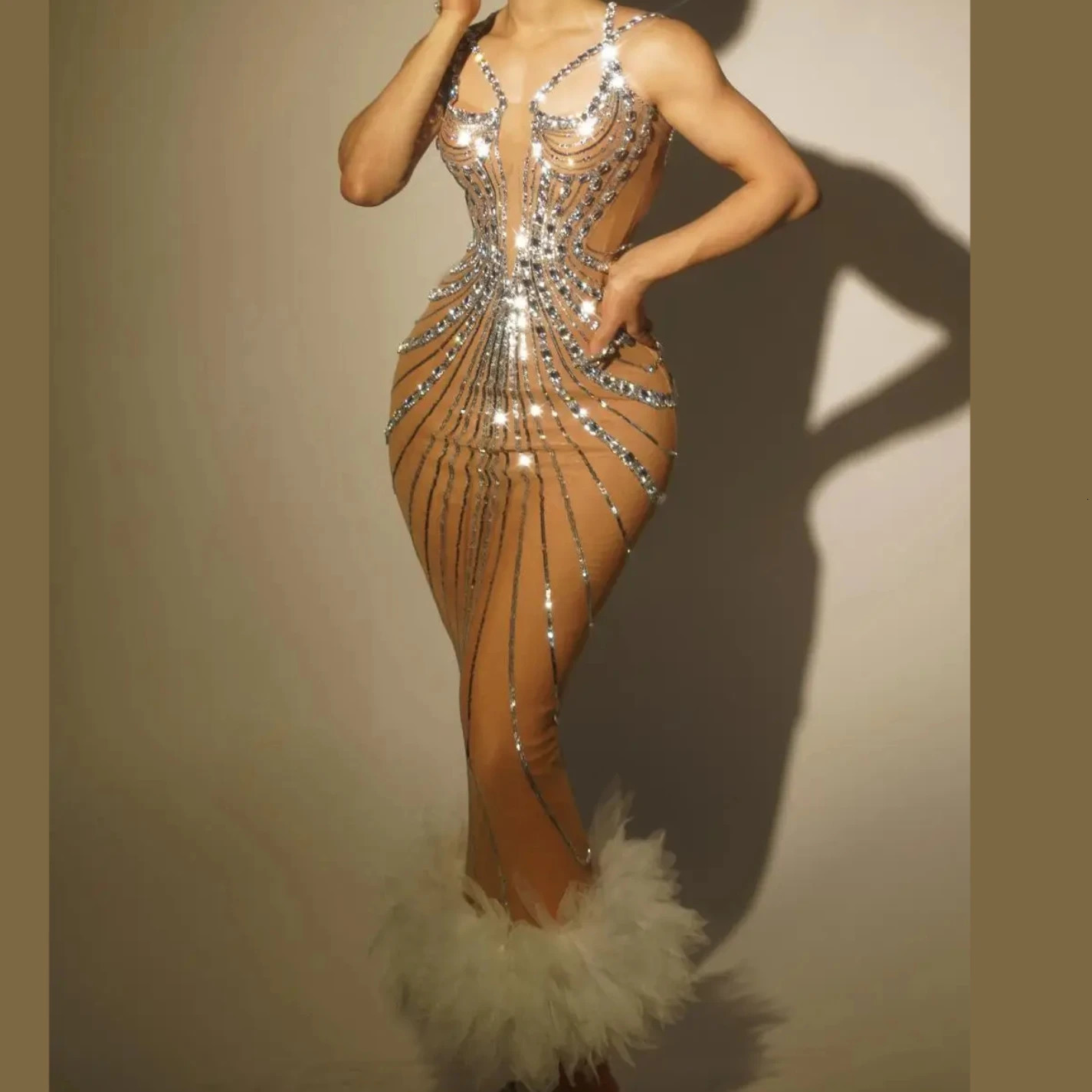 Women Sexy Mesh Sparkling Water Diamond Sequins Evening Dress Elegant Evening Club Party Female Singer Performance Costume 250617
