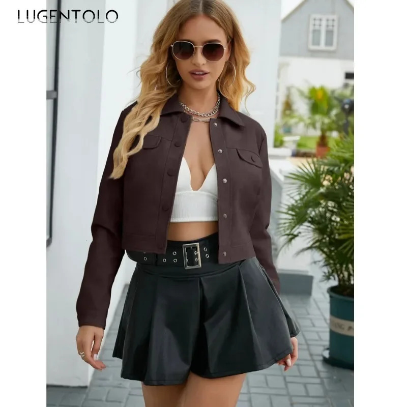 Women PU Jacket Fall Retro Thin Faux Leather Cropped Coat Multi-Pocket Single Breasted Cardigan Tops Fashion Street Wear 250614
