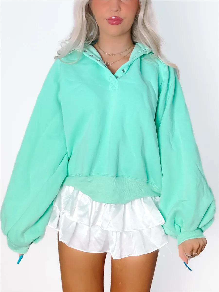 Womens Fall Loose Pullover Tops Solid Color Long Sleeve Button Lapel V Neck Sweatshirt Autumn Casual Female Hoodies Streetwear 250616