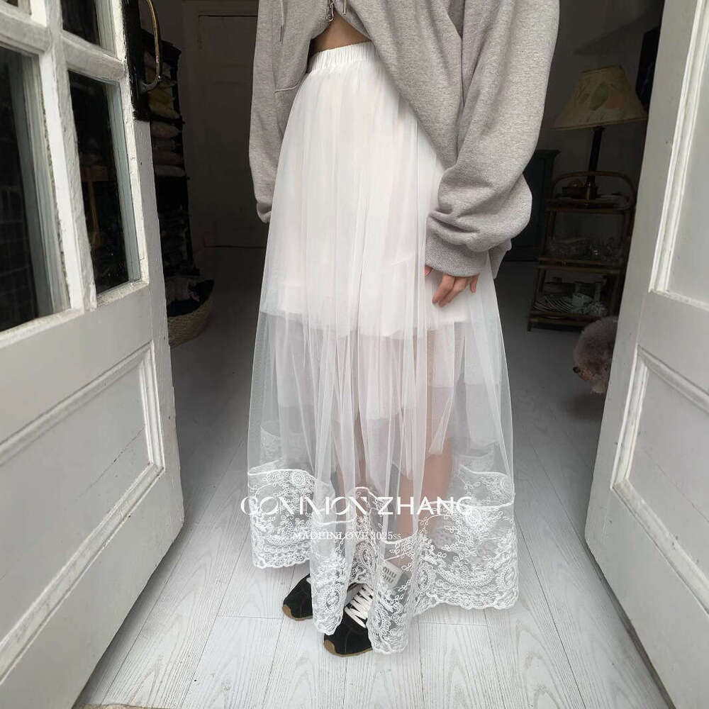 CZ Zhang Korean Style Mesh Lace Patchwork Layered Slightly Transparent High Waist Slimming A-Line Skirt For Women B12103 B5