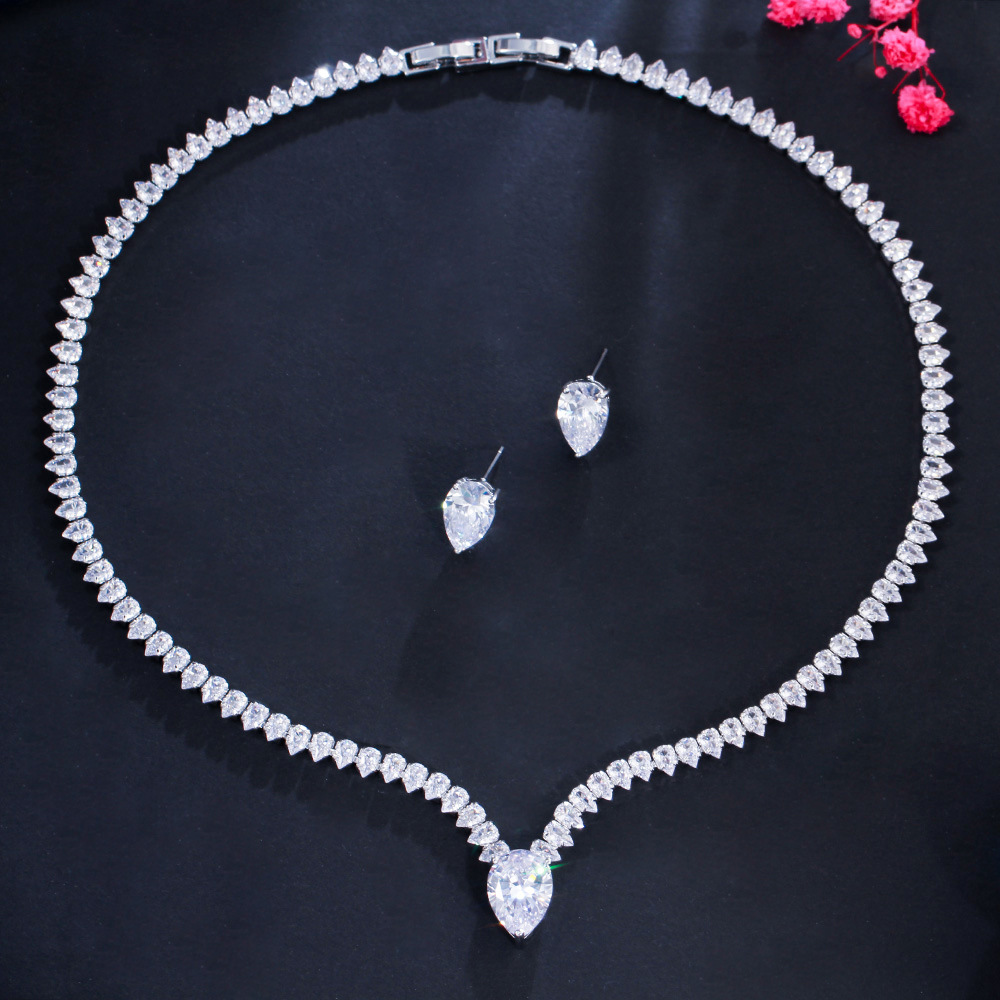 2025 Choucong Brand Ins Top Sell Bridal Wedding Jewelry Set Gorgeous 18K White Gold Fill Water Drop 5A Cubic Zircon CZ Diamond Stud Earring Lady Nec