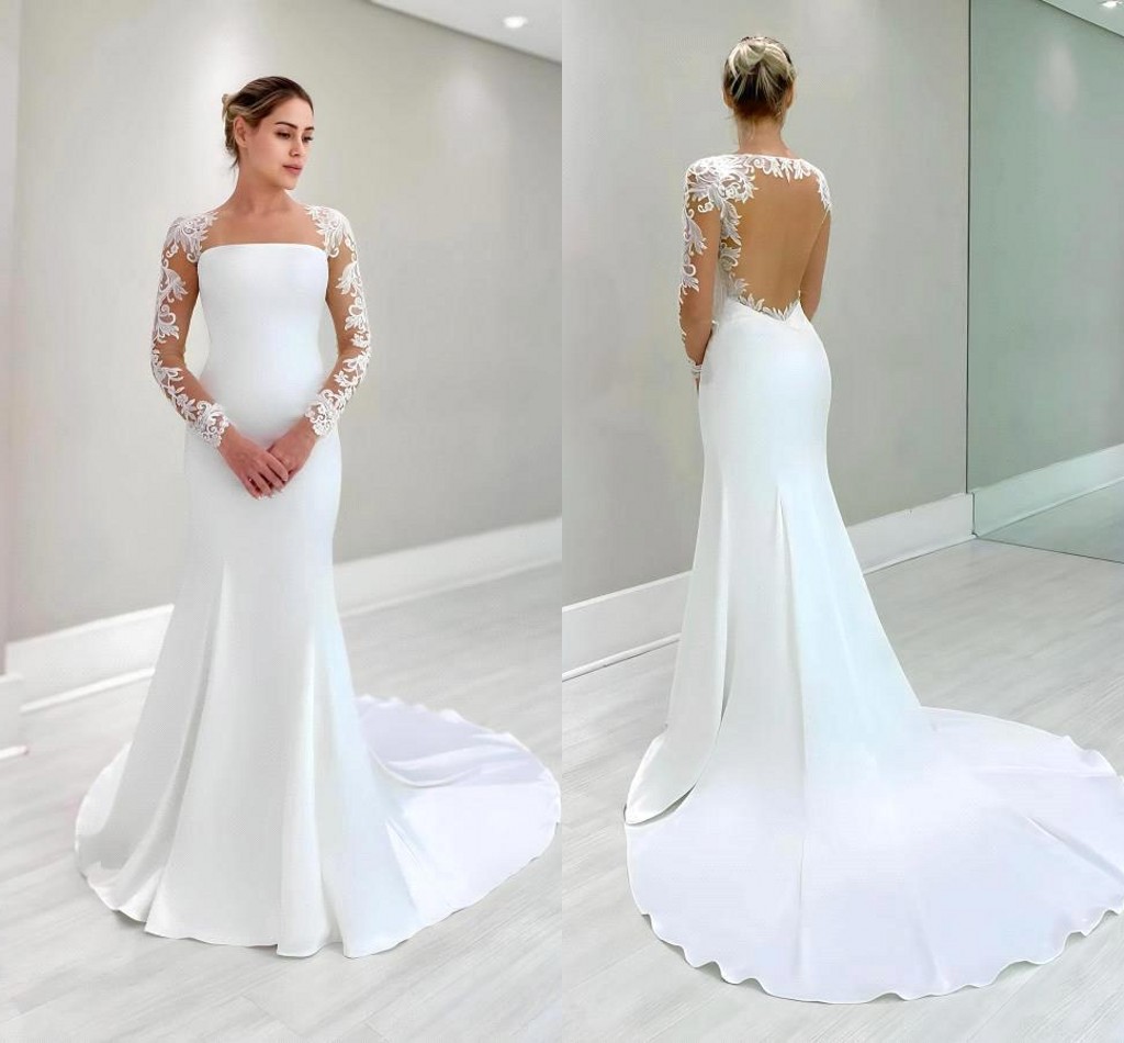 Sexy Summer Open Back Mermaid Wedding Dresses Sheer Lace Long Sleeves Simple Women Bohemian Garden Beach Bridal Gowns Western Robe de mariage BC1959