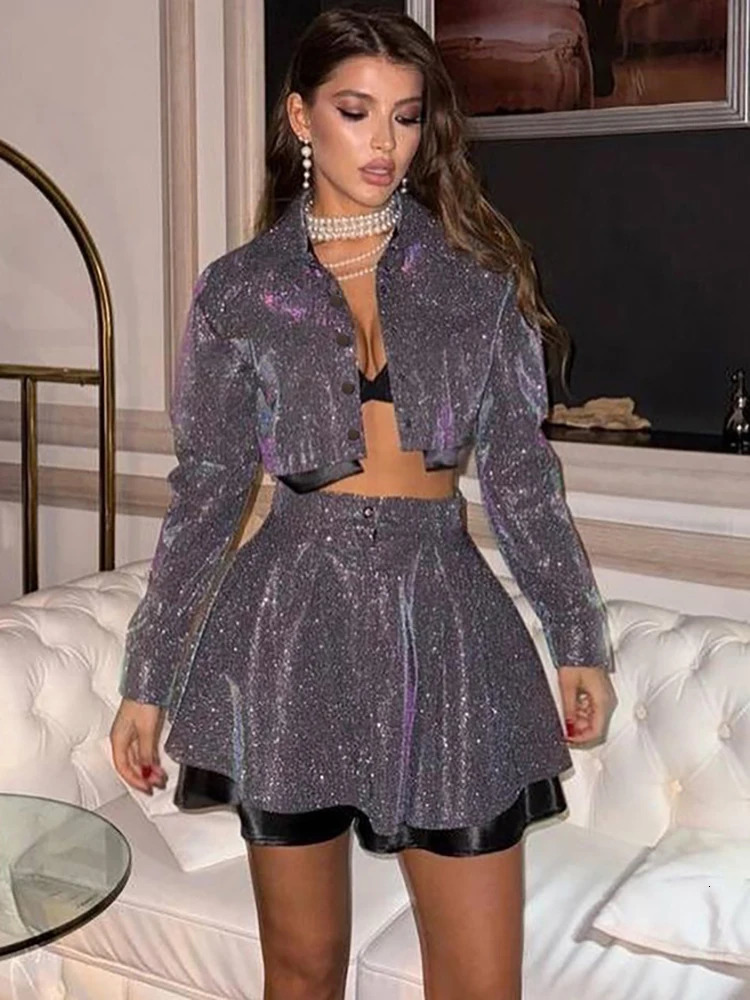 Fantoye Turn-down Collar Bright Silk Shiny Women Skirt Suit Long Sleeve Top Mini Skirt Female Spring Slim Elegant Two Piece Sets 250616